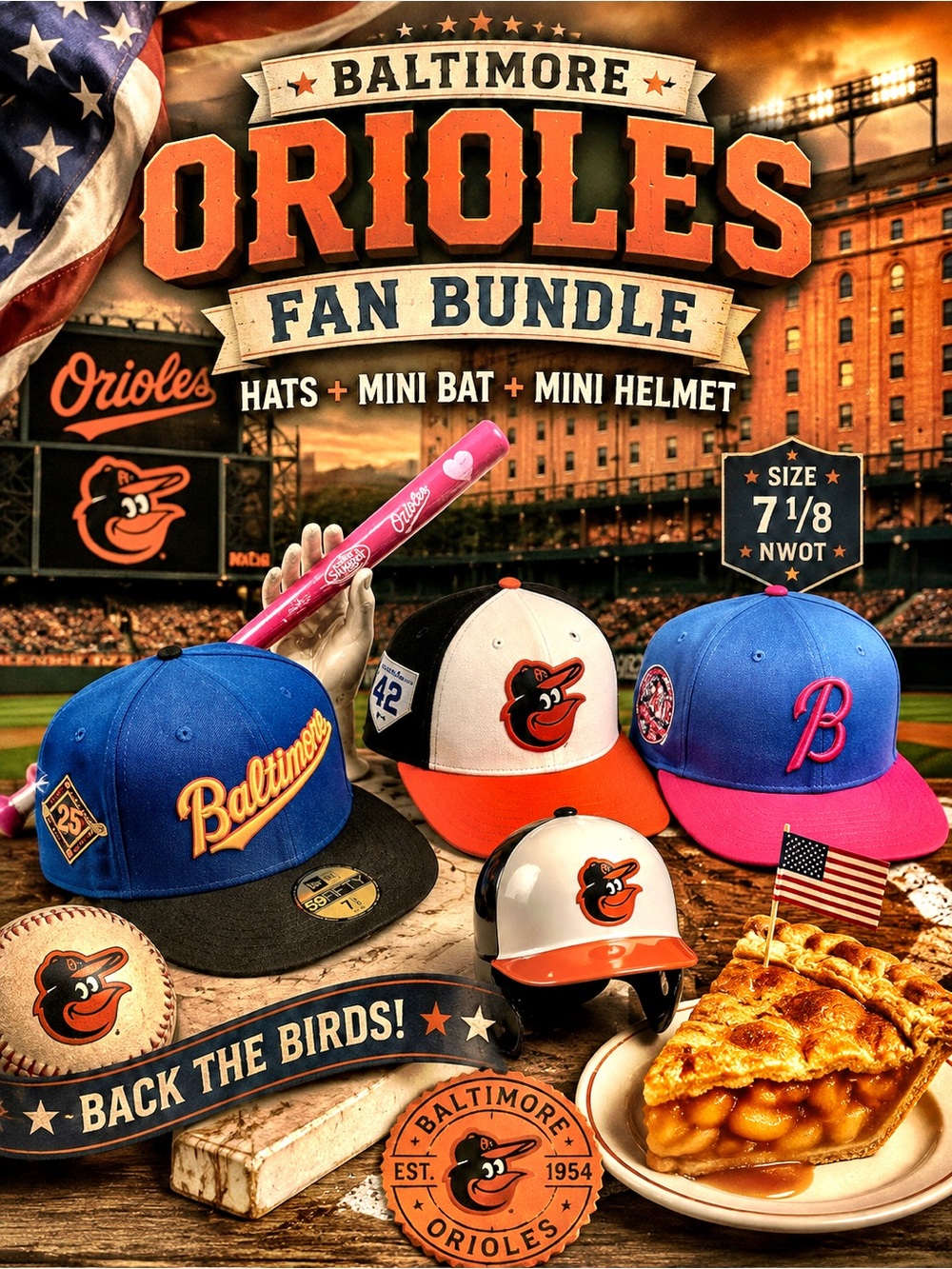 Baltimore Orioles Fan Bundle | Hats + Mini Bat + Mini Helmet | NWOT | Size 7 1/8